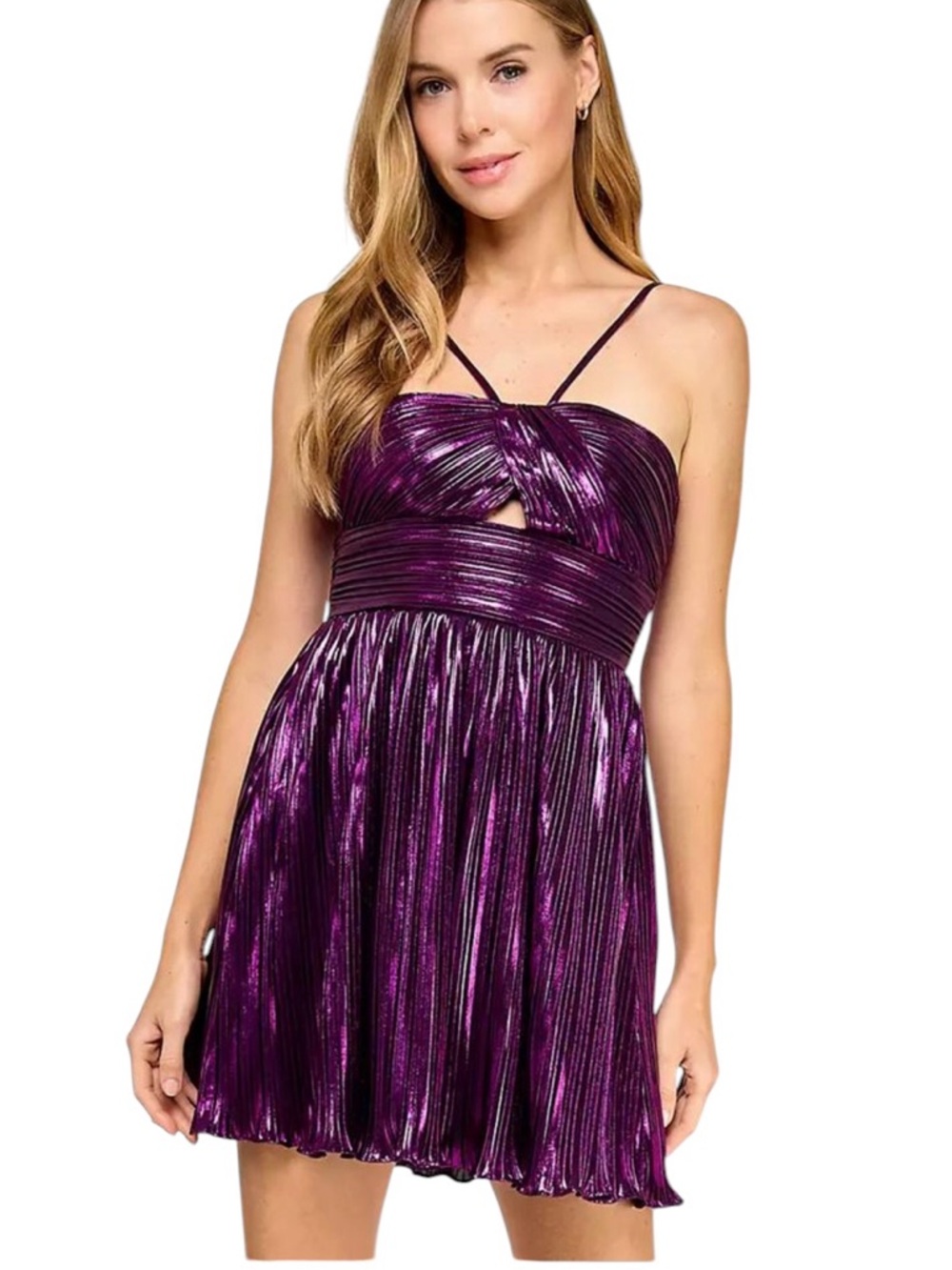 City Studios Juniors Purple Metallic Foil Pleated Halter Mini Dress NWT Size 5/6